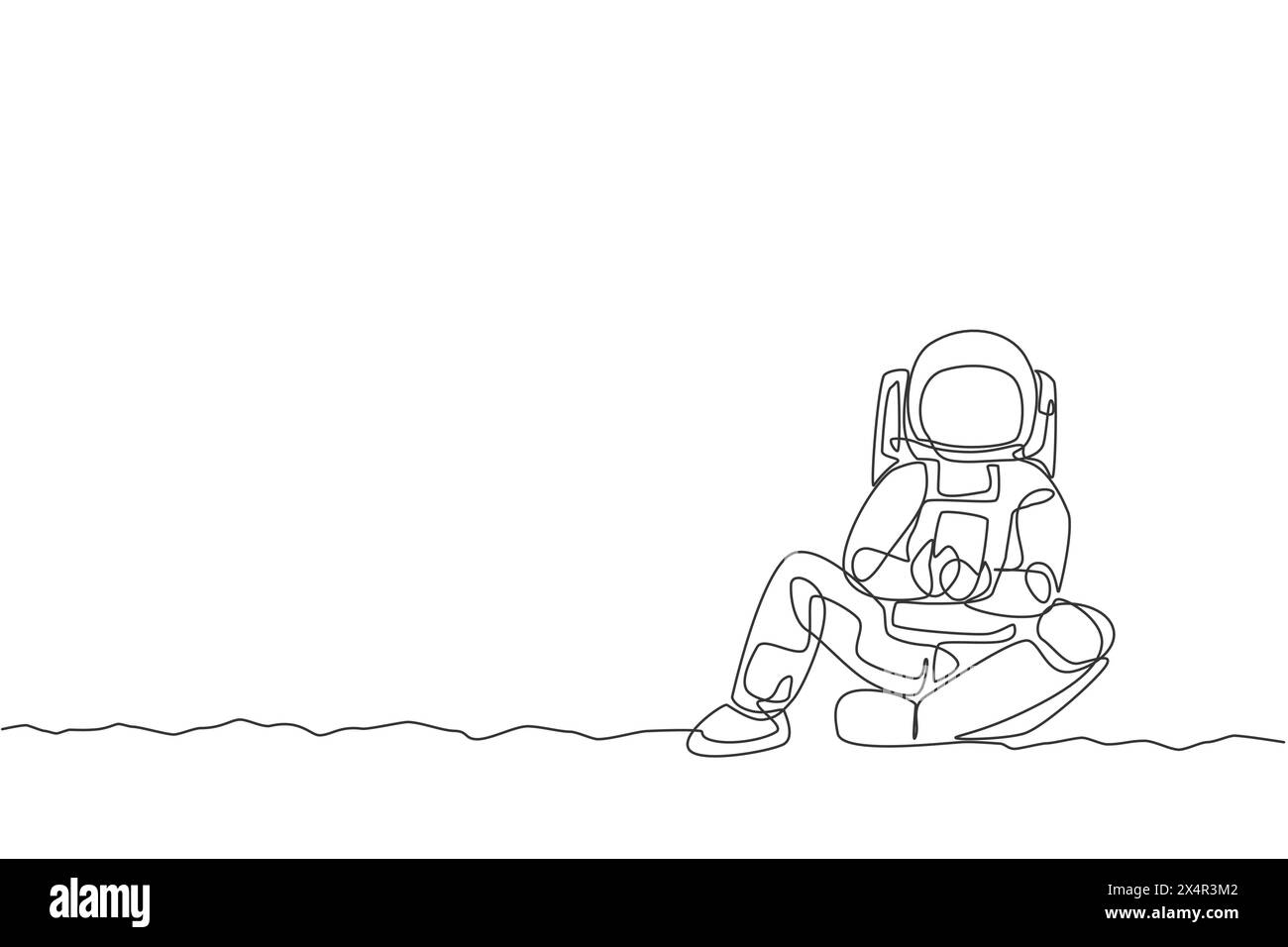 One continuous line drawing of young spaceman on spacesuit siting relax on moon surface while texting. Astronaut business office with deep space conce Stock Vector