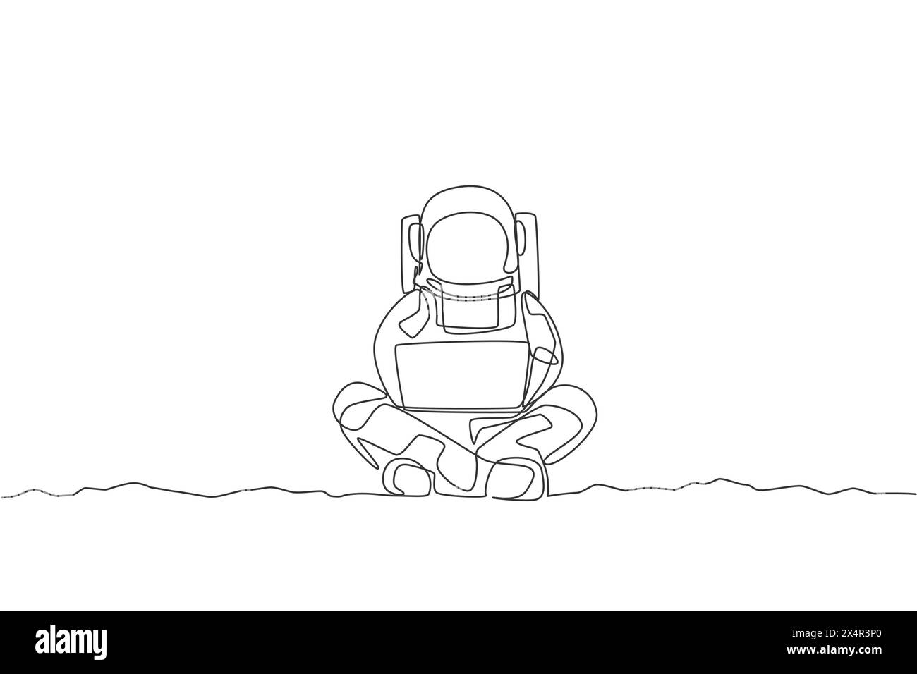 One continuous line drawing of young spaceman on spacesuit sitting in moon surface while typing. Astronaut business office with deep space concept. Dy Stock Vector