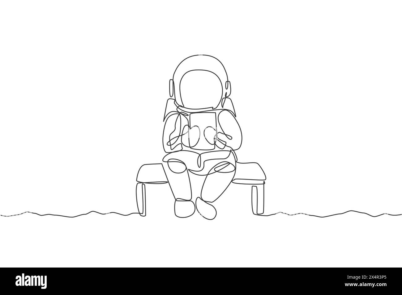 Single continuous line drawing of astronaut siting relax on chair while reading news in tablet phone. Business office with galaxy outer space concept. Stock Vector