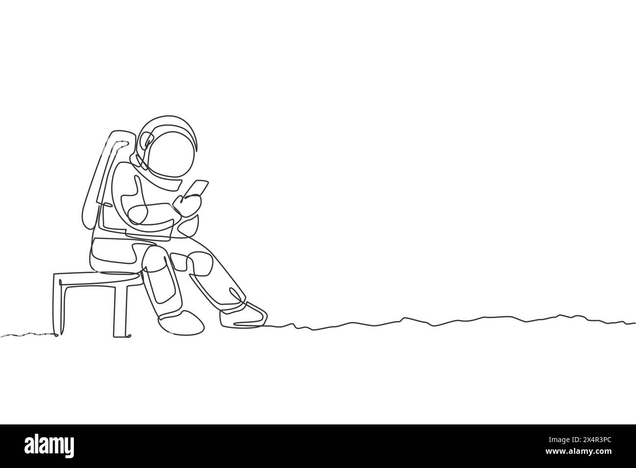 One continuous line drawing of young spaceman on spacesuit siting on chair and texting using handphone. Astronaut business office with deep space conc Stock Vector