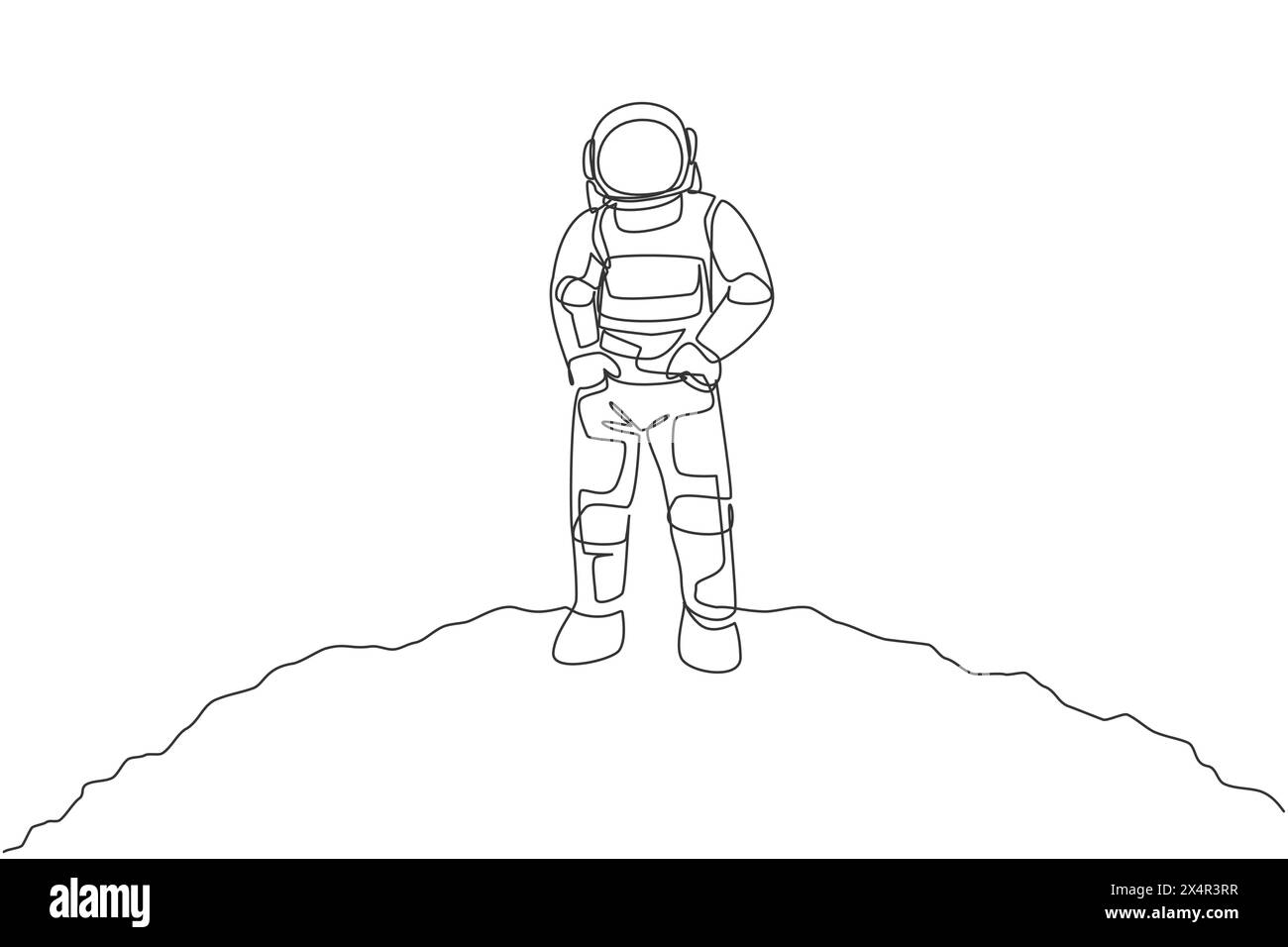 One continuous line drawing of young spaceman on spacesuit put hands in pockets in moon surface. Astronaut business office with deep space concept. Dy Stock Vector