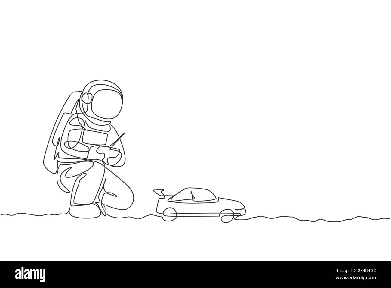 One single line drawing of astronaut playing race car radio control in moon land vector
