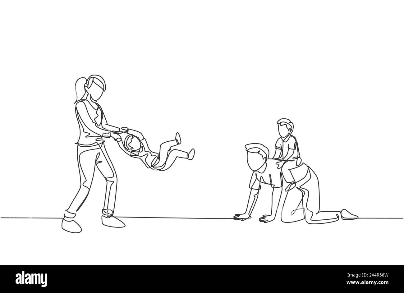 Single continuous line drawing of young mom and dad playing with their ...