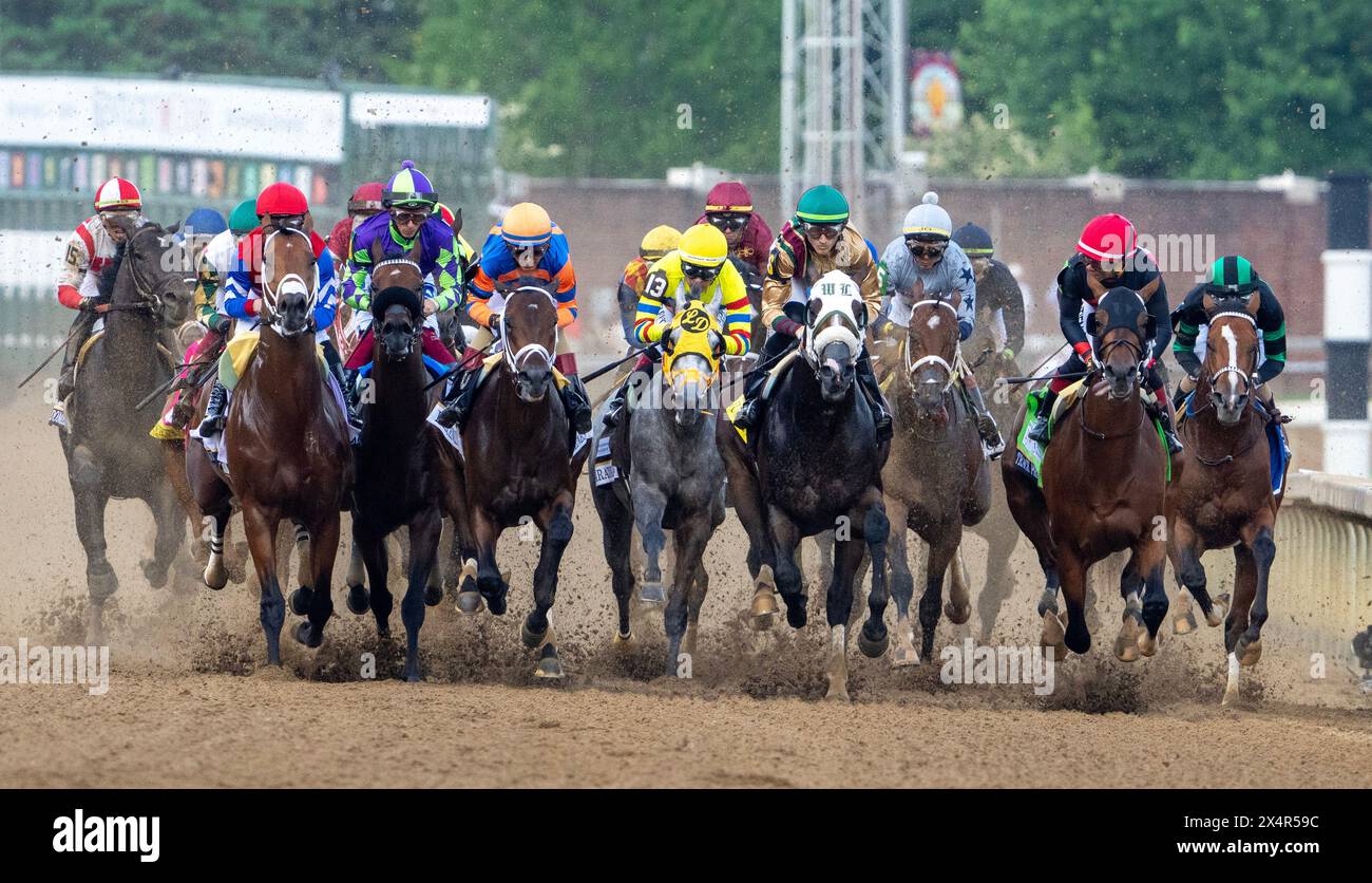 Louisville, United States. 04th May, 2024. The 20-horse field races from the starting gate down the first stretch in the 150th Kentucky Derby at Churchill Downs in Louisville, Kentucky on Saturday, May 4, 2024. Mystik Dan, ridden by Brian Hernandez, Jr, won the race and at at right. Photo by Pat Benic/UPI Credit: UPI/Alamy Live News Stock Photo
