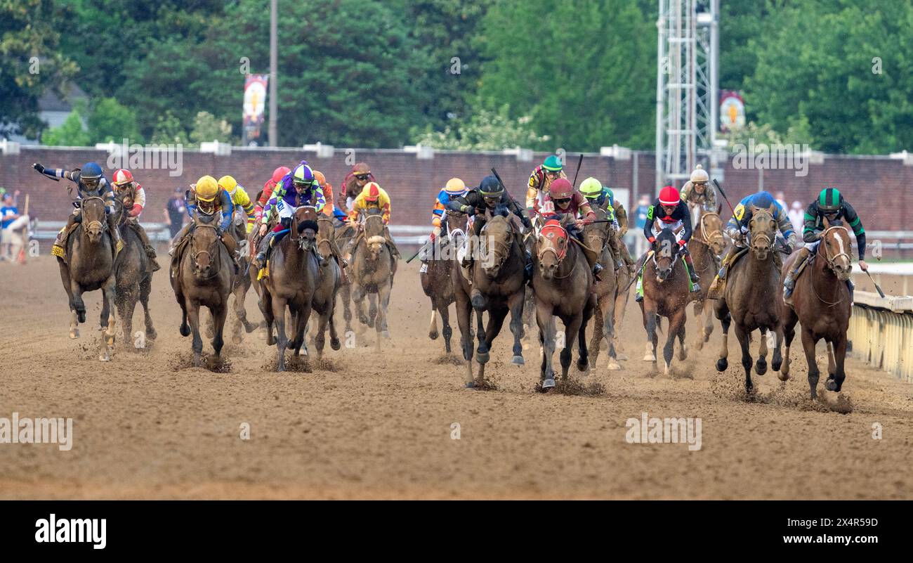 Louisville, United States. 04th May, 2024. Mystik Dan (R), ridden by Brian Hernandez, Jr, leads the pack of horses down the final stretch to win the 150th Kentucky Derby at Churchill Downs in Louisville, Kentucky on Saturday, May 4, 2024. Photo by Pat Benic/UPI Credit: UPI/Alamy Live News Stock Photo