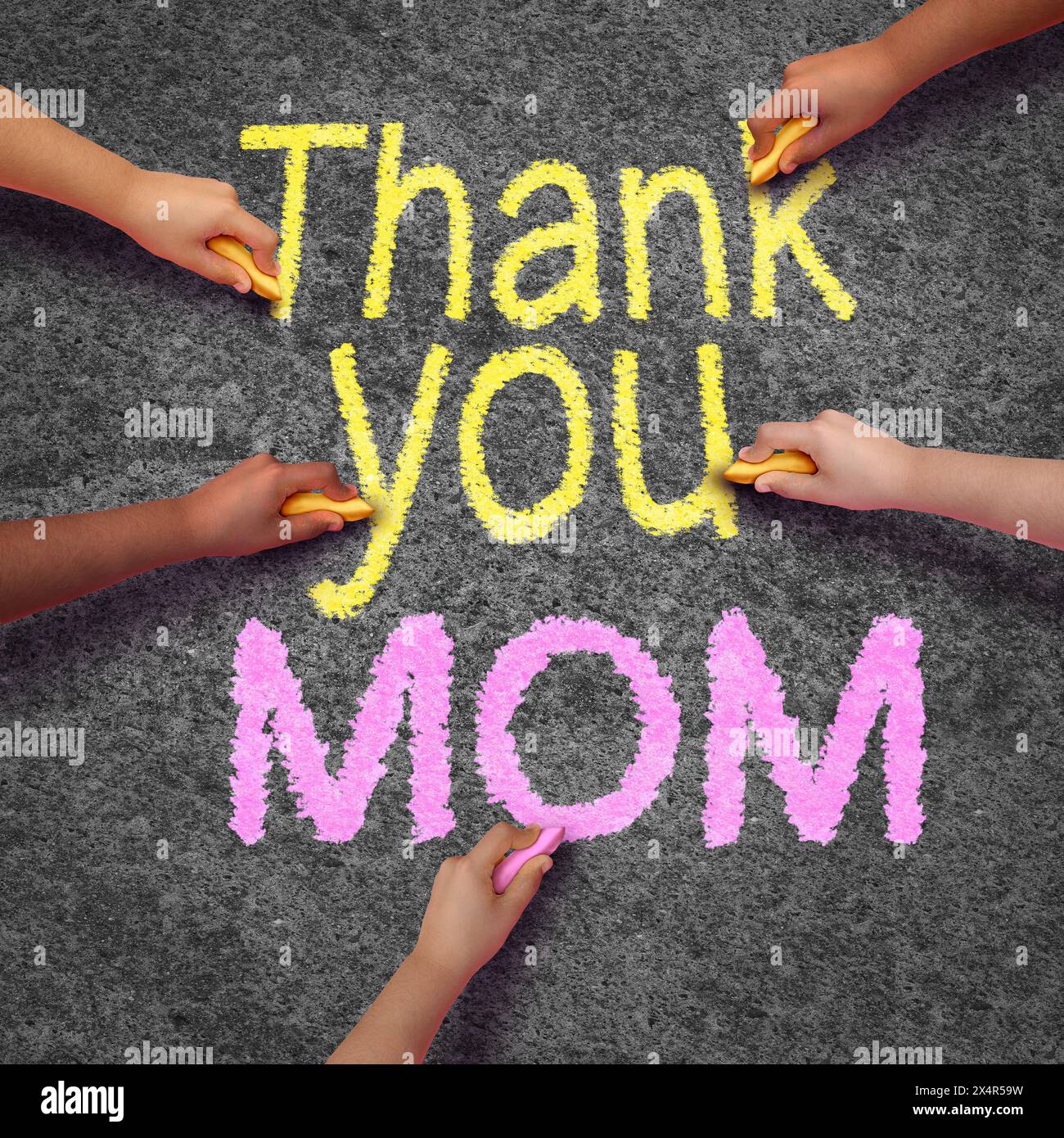 Thank you writing on street pavement by a group of culturally diverse people drawing the words of gratitude with chalk as a community support concept. Stock Photo