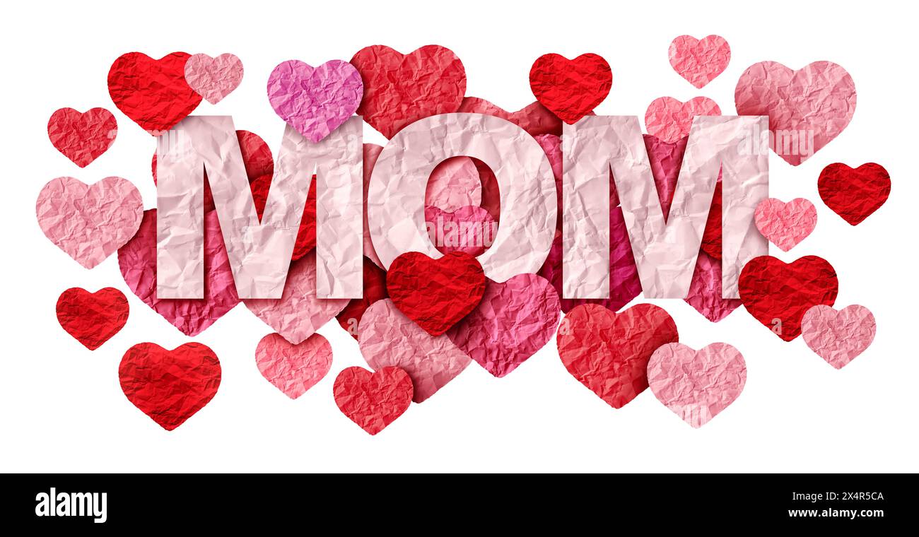 Happy Mothers Day greeting and celebration for family and for motherhood or love for mom with hearts made of paper craft. Stock Photo