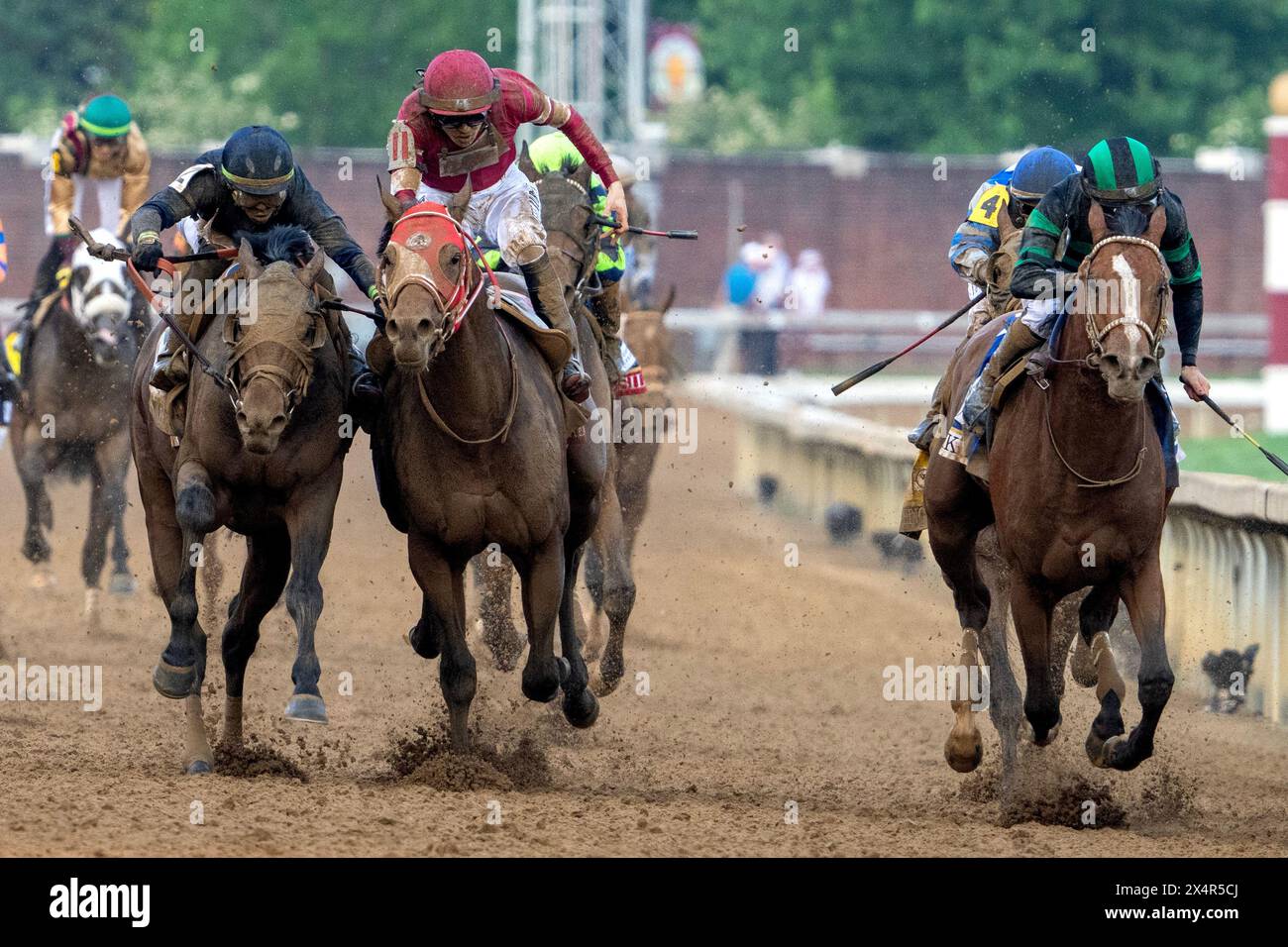 Louisville, United States. 04th May, 2024. Mystik Dan (R), ridden by Brian Hernandez, Jr, wins the 150th Kentucky Derby at Churchill Downs in Louisville, Kentucky on Saturday, May 4, 2024. Sierra Leone (L) came in second and Forever Young (C) was third. Photo by Pat Benic/UPI Credit: UPI/Alamy Live News Stock Photo