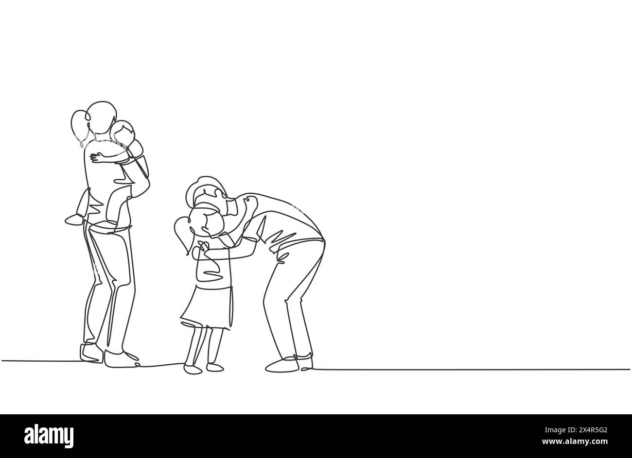 One continuous line drawing of young father hugging his daughter before ...