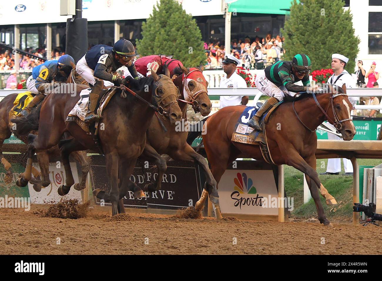 Louisville, United States. 04th May, 2024. Mystik Dan, ridden by Brian J. Hernandez, Jr., beats out Sierra Leone, Tyler Gaffalione up, and Forever Young, ridden by Ryusei Sakai, to win the 150th running of the Kentucky Derby at Churchill Downs on Saturday, May 4, 2024 in Louisville, Kentucky. Photo by Mark Abraham/UPI Credit: UPI/Alamy Live News Stock Photo