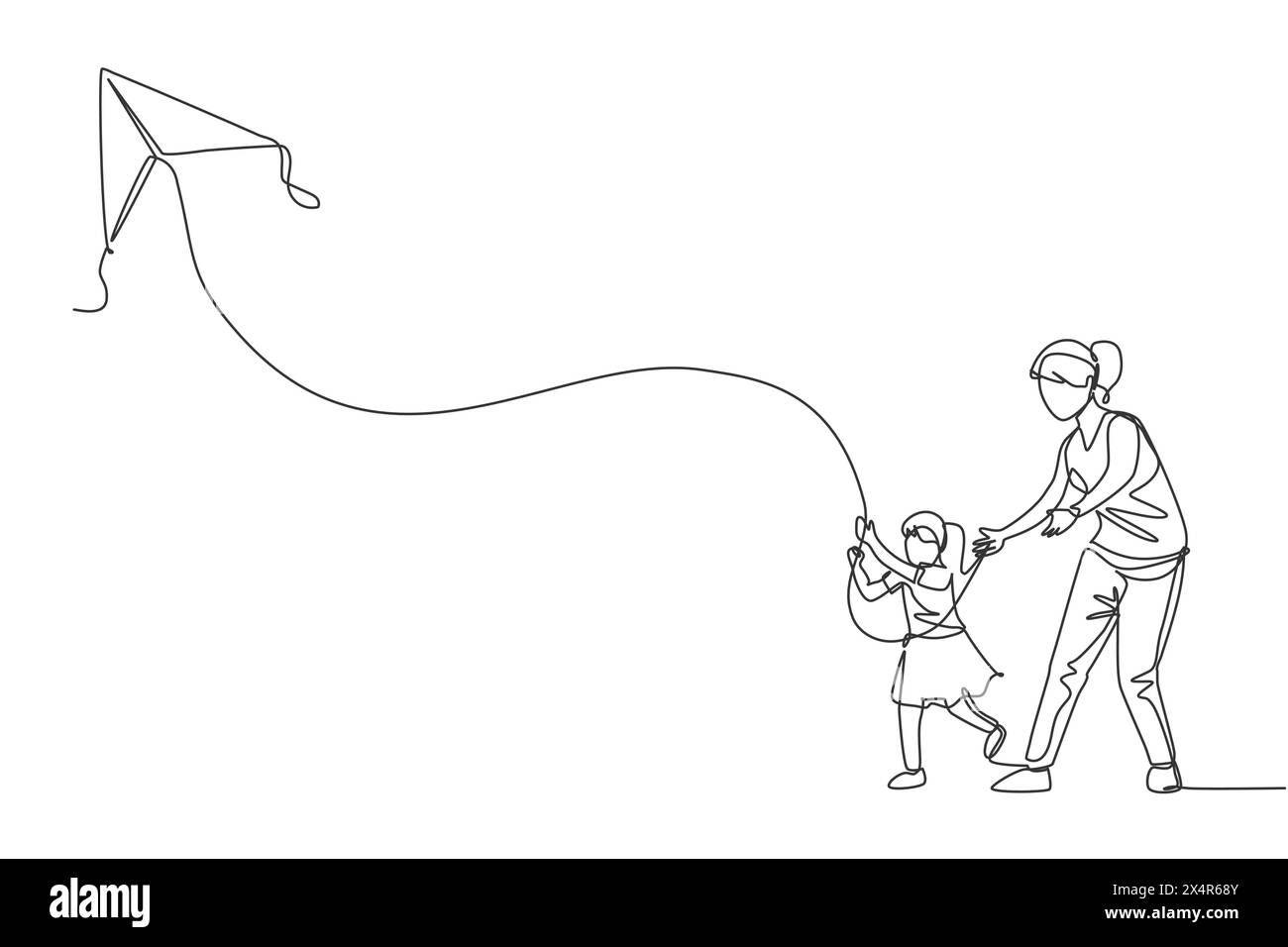 One continuous line drawing of young mother and her daughter playing to fly kite up into the sky at outdoor field. Happy family parenthood concept. Dy Stock Vector