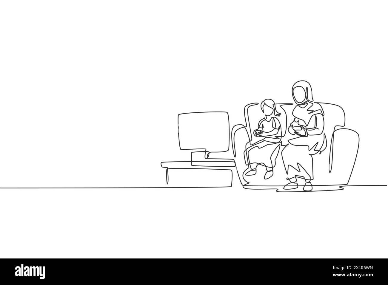 Single continuous line drawing of young Islamic mom playing video game together with her daughter on sofa. Arabian muslim happy family motherhood conc Stock Vector