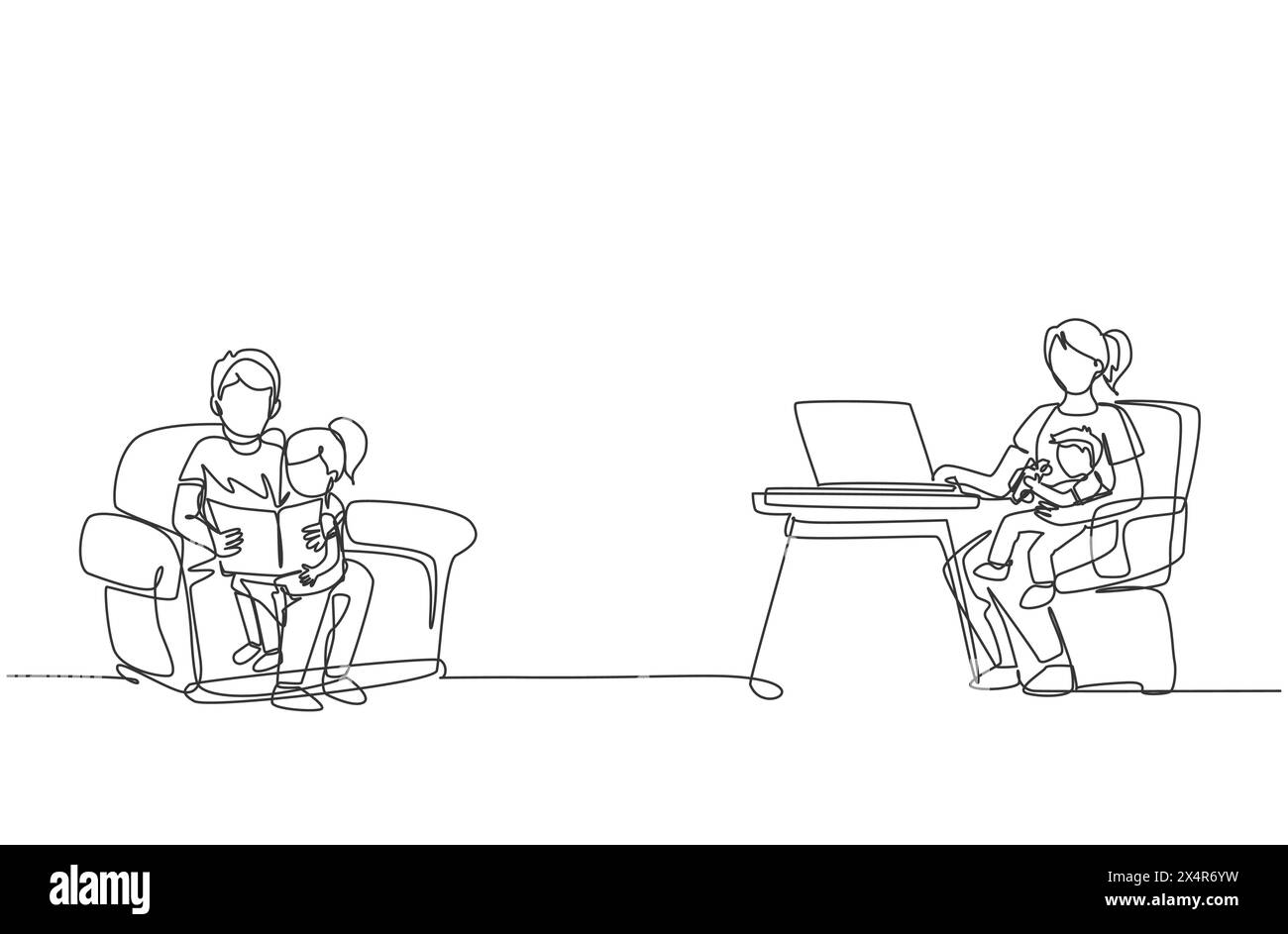 Single continuous line drawing of young father reading book to daughter and mother typing on laptop at home. Happy family parenting concept. Trendy on Stock Vector