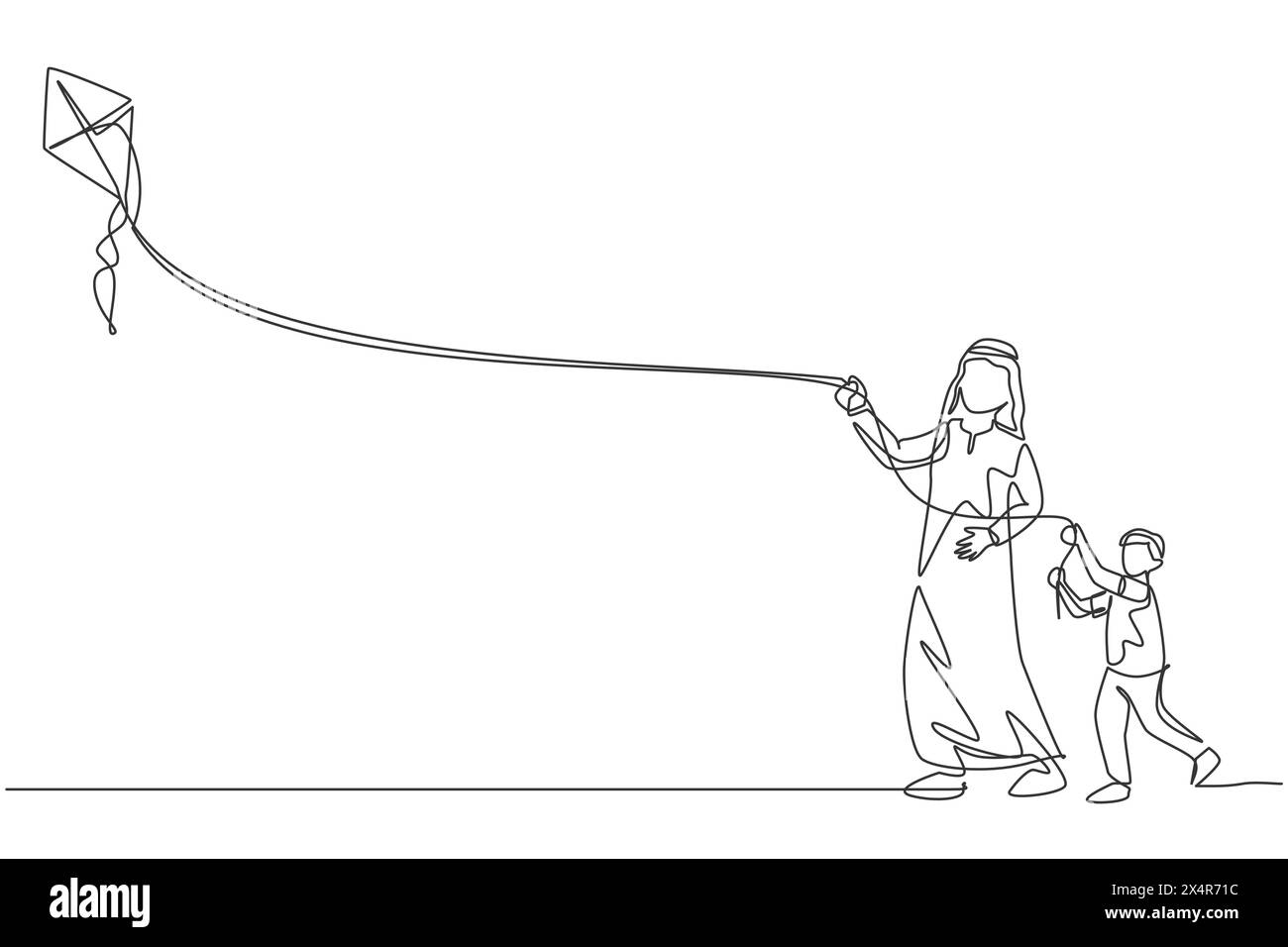 One continuous line drawing of young Arabian father and his son playing kite together at public park. Happy Islamic muslim parenting family concept. D Stock Vector