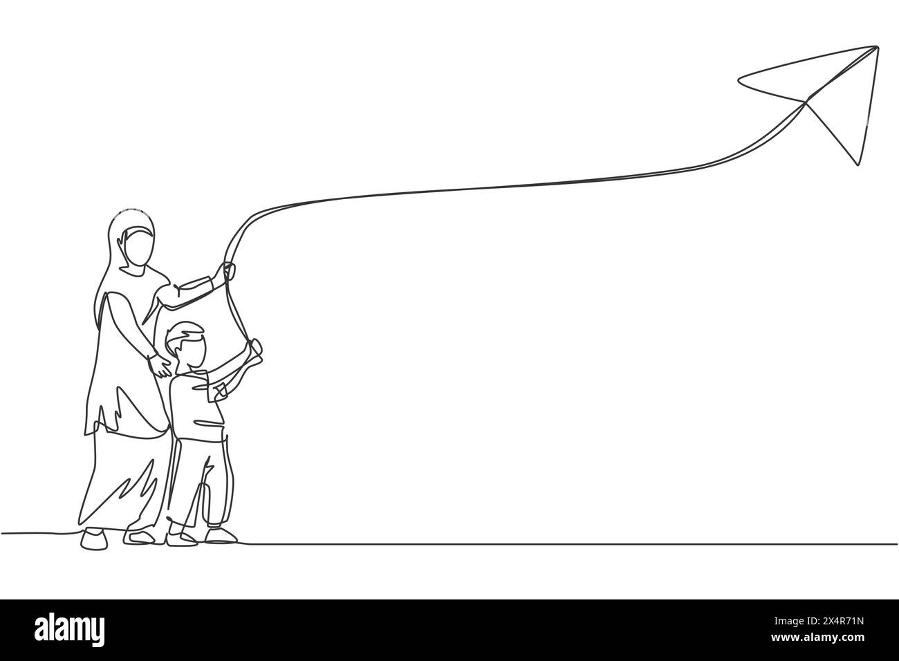 One single line drawing of young Arabian mother and her son playing kite at outfield park together vector illustration. Happy Islamic muslim family pa Stock Vector