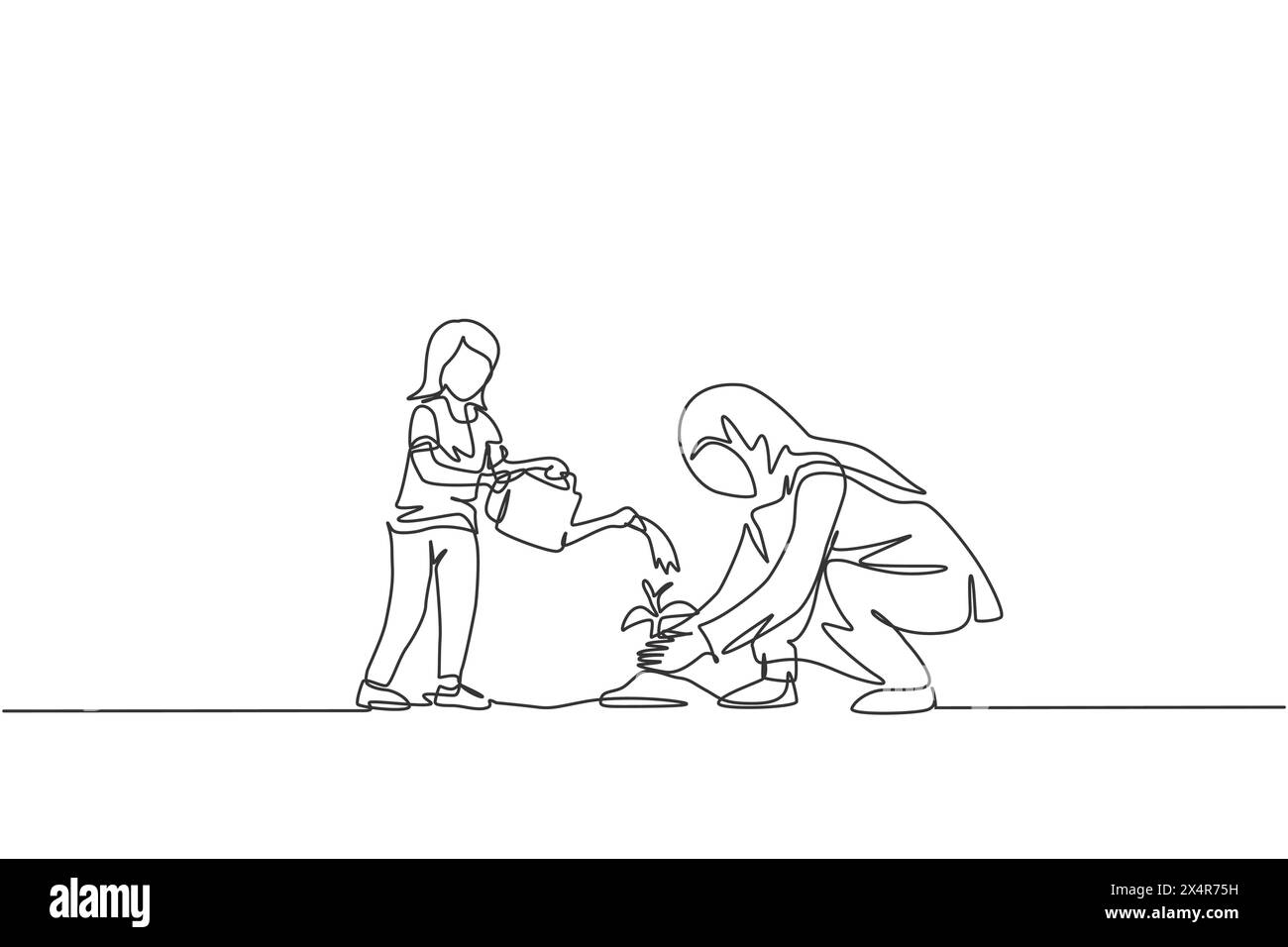 One single line drawing of young Islamic daughter help her mom watering