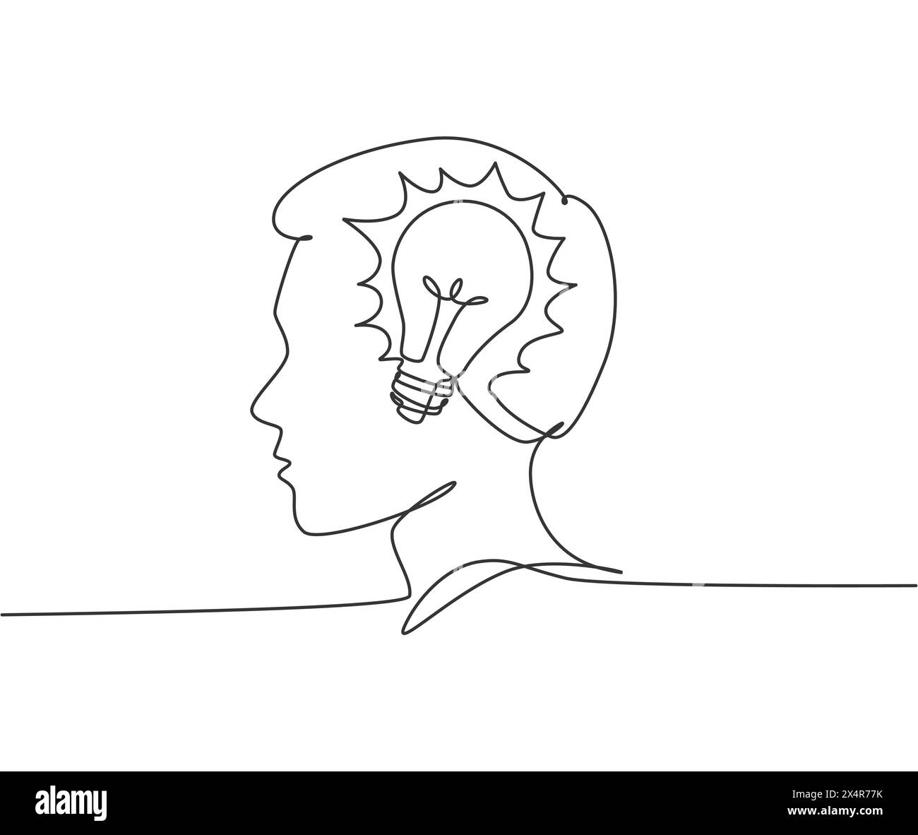 One continuous line drawing of human man with light bulb brain inside ...