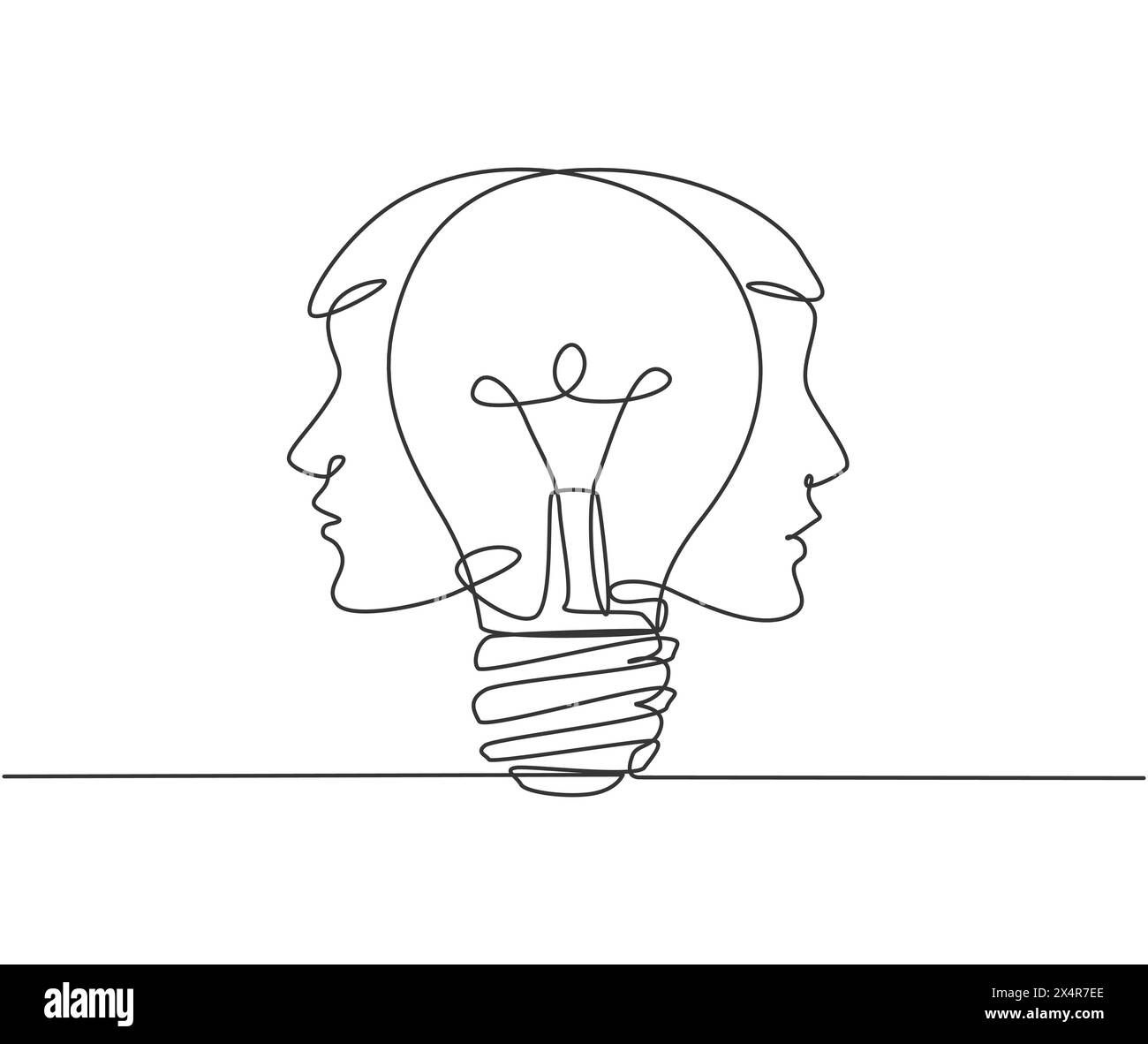 One single line drawing of two men face with light bulb at the center logo identity. Human creativity company logotype icon template concept. Continuo Stock Vector