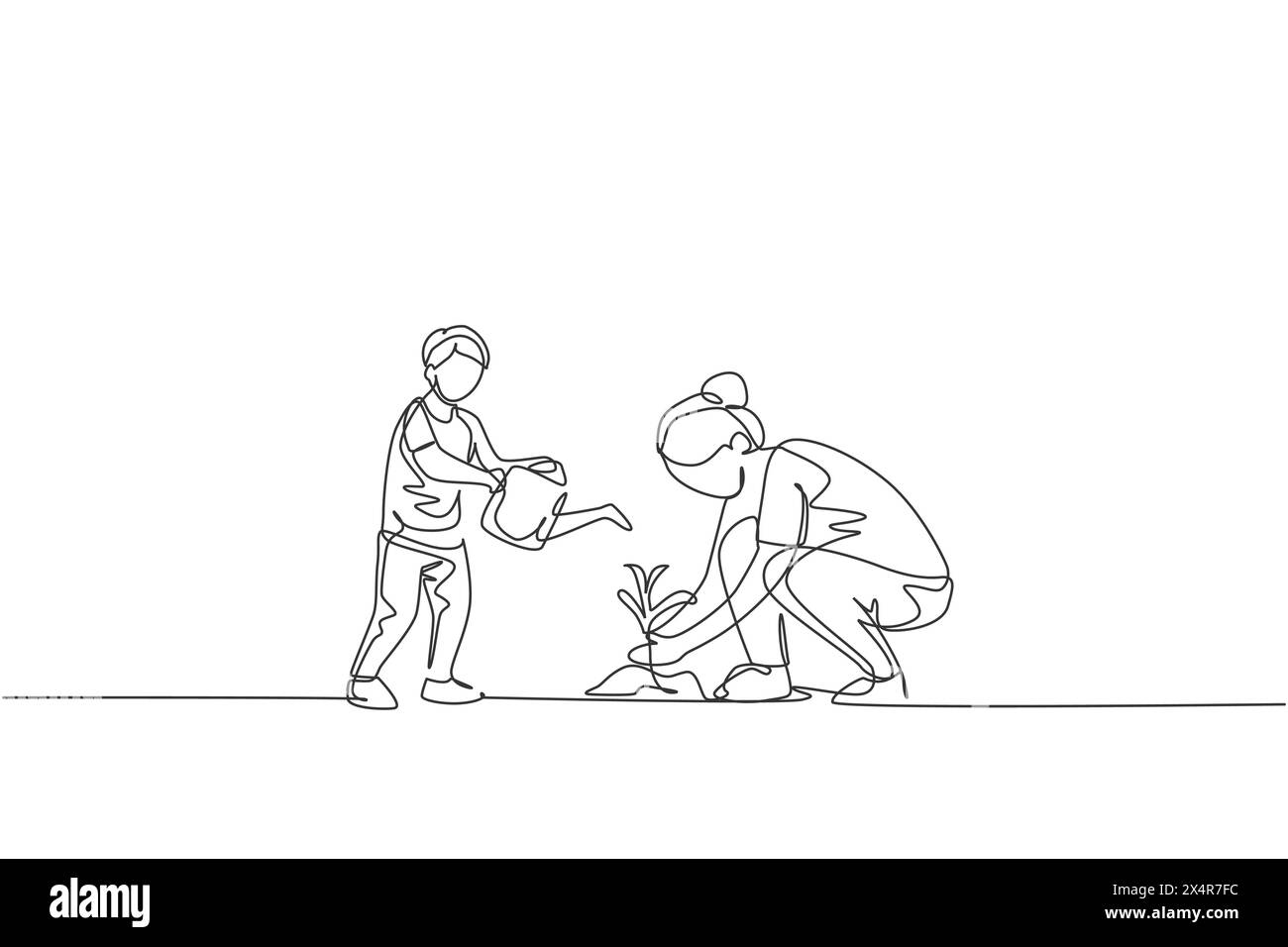 Bboy Planting Drawind One single line drawing of young mother teach her son planting while ...
