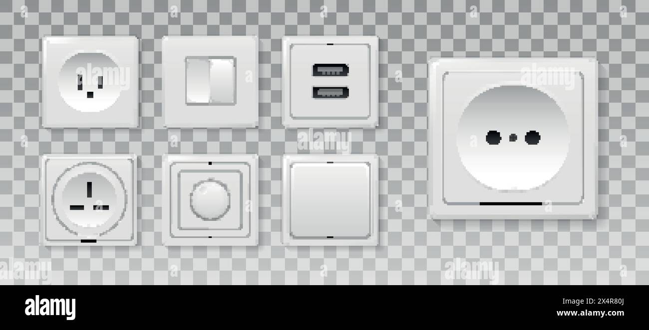 Square rectangular and round white wall switch and sockets. Power electrical socket electricity