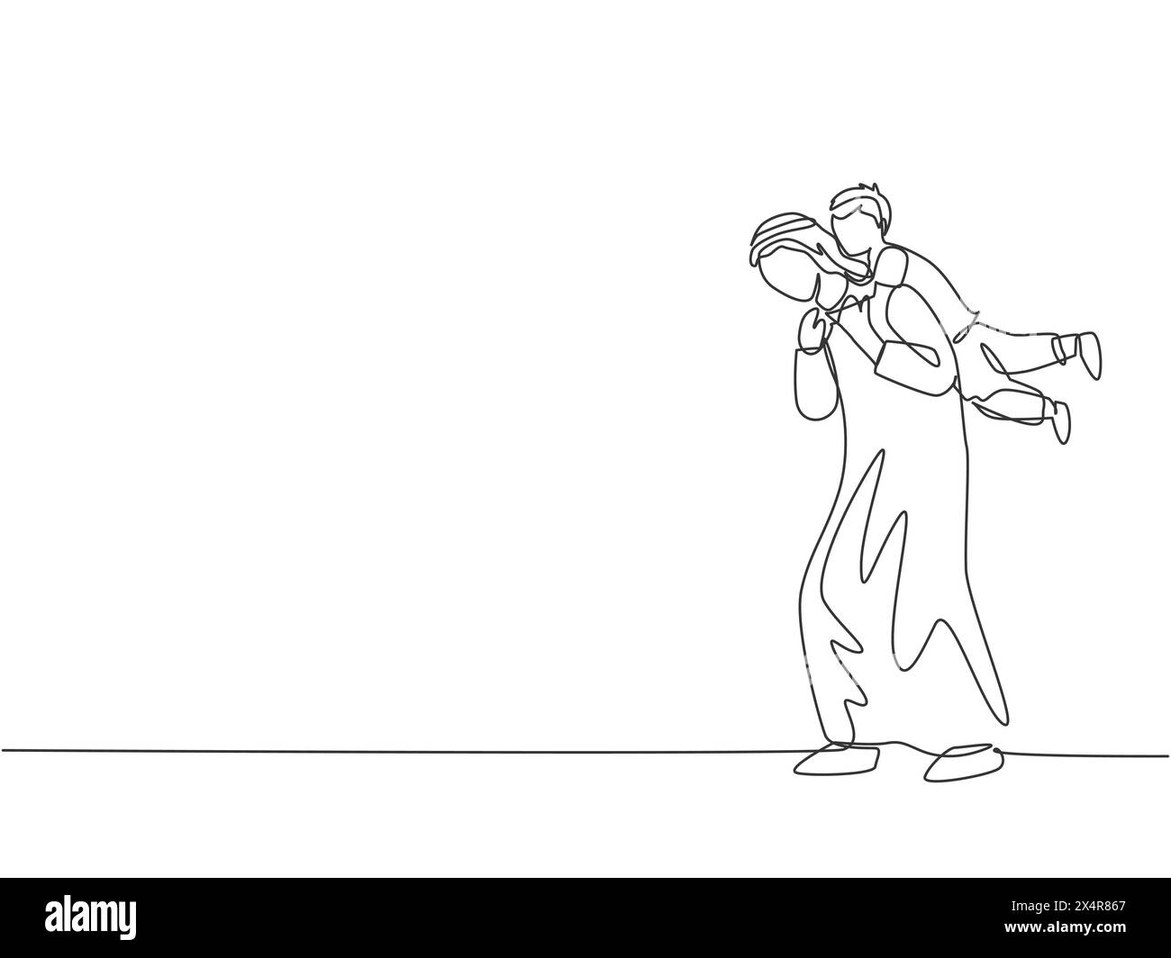 One continuous line drawing of young Arabian father playing with son and holding him on the back. Happy Islamic muslim parenting family concept. Dynam Stock Vector