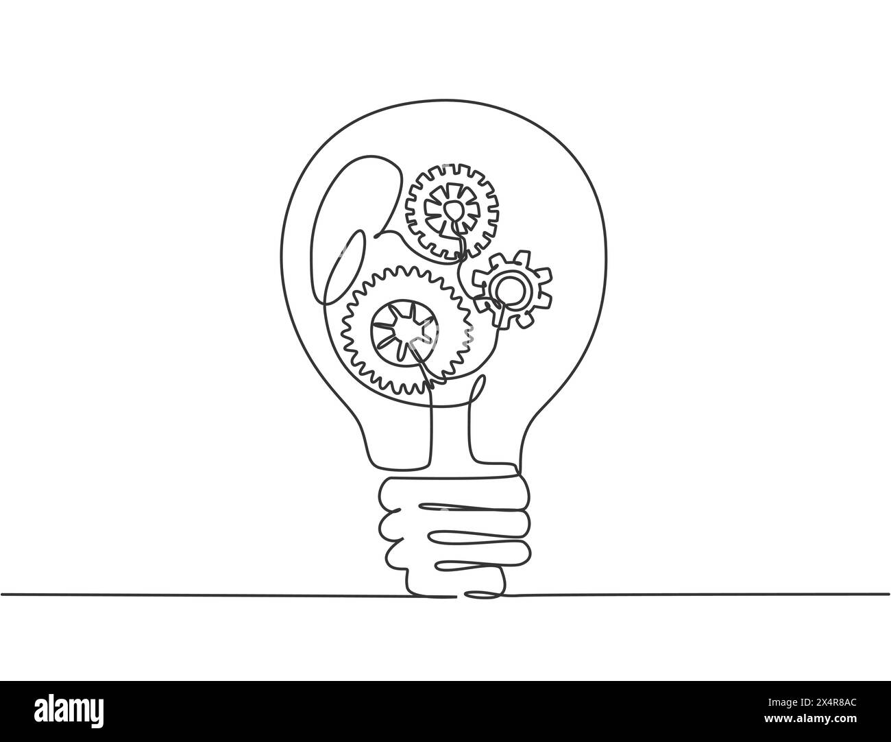 Single continuous line drawing of clean lightbulb with gear wheel mechanic inside for logo label. Creative workshop logotype symbol template concept. Stock Vector