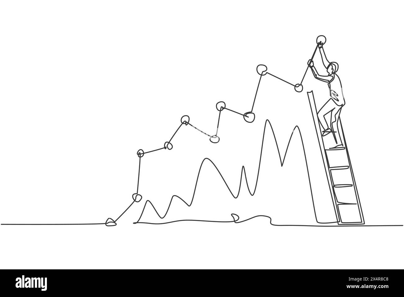 Single continuous line drawing of young business man climbing stair to ...