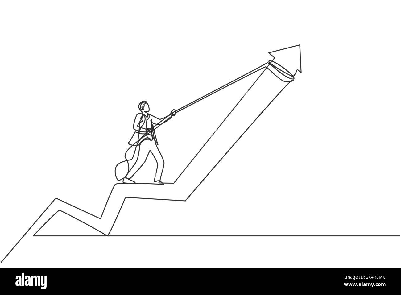 Single continuous line drawing of young business man pulling arrow ...