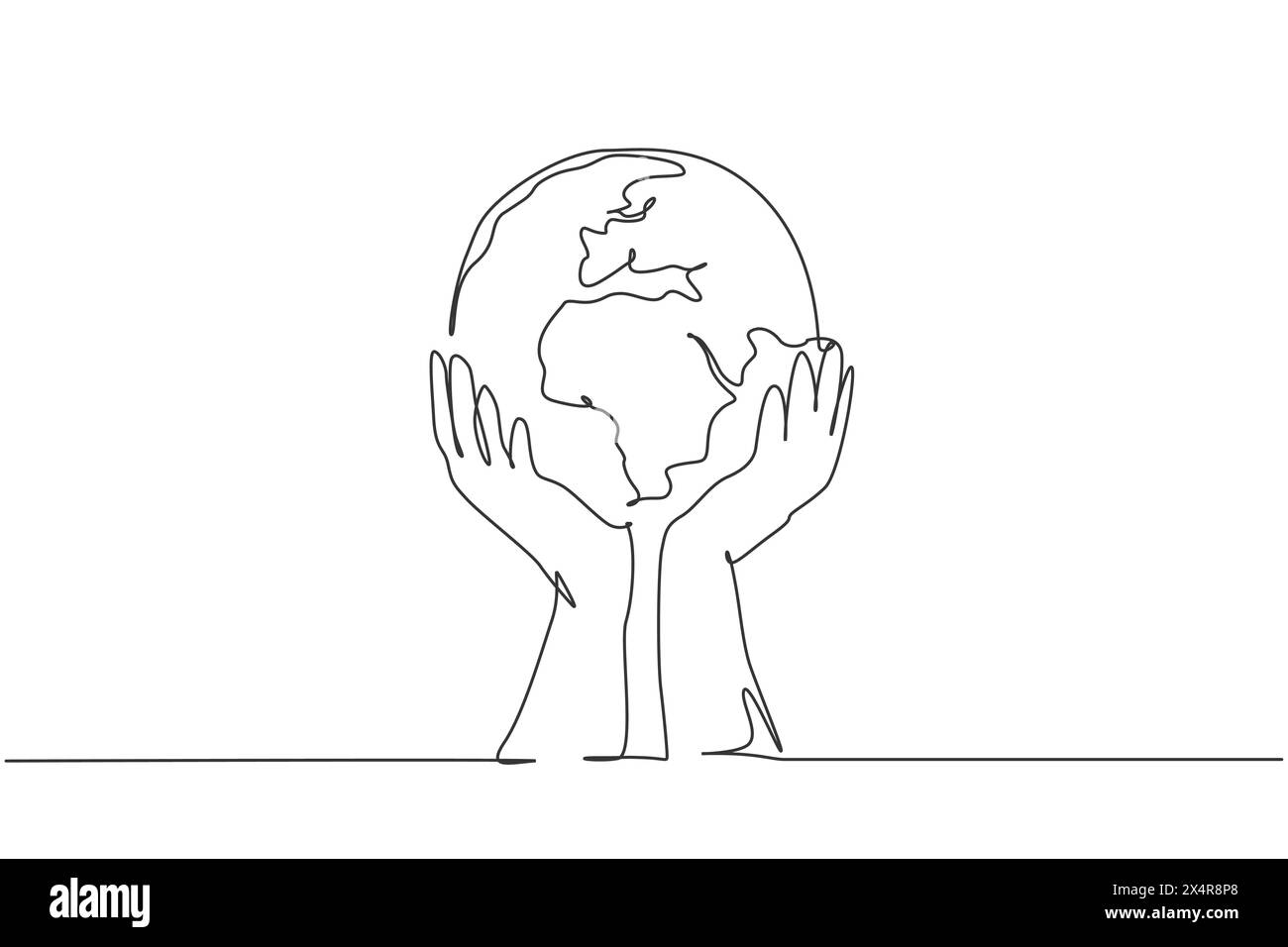 Single one line drawing of man holding global earth. Save nature icon ...