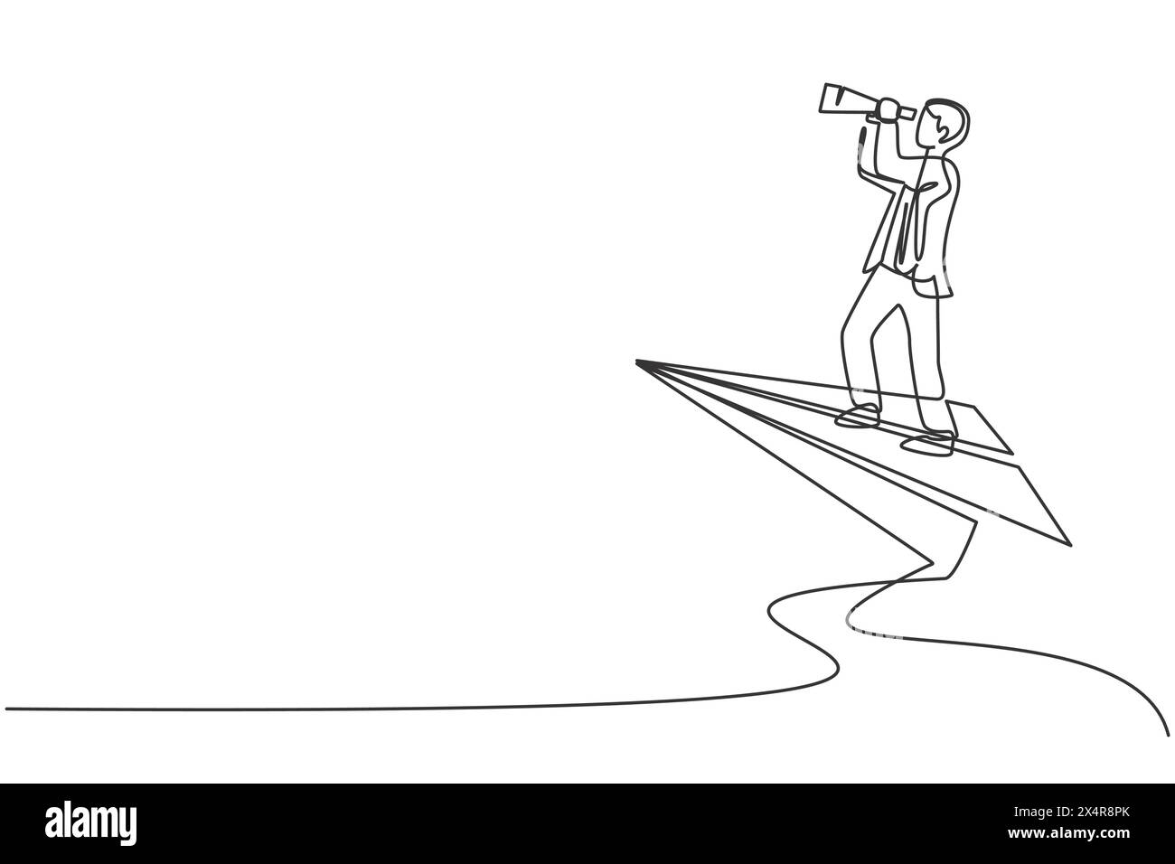 Single continuous line drawing young business man flying with paper ...