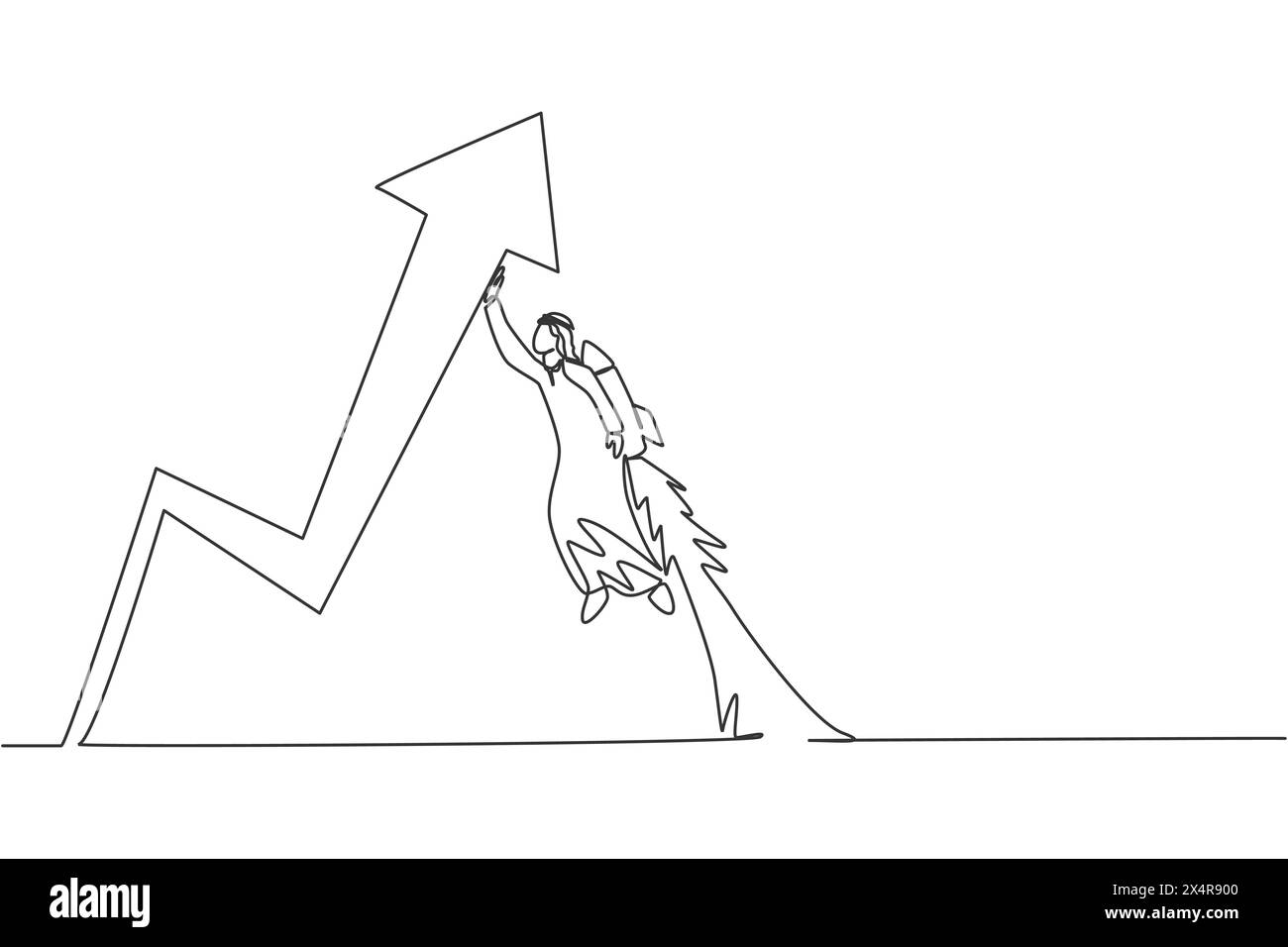 Continuous one line drawing young handsome Arabic male worker flying to ...