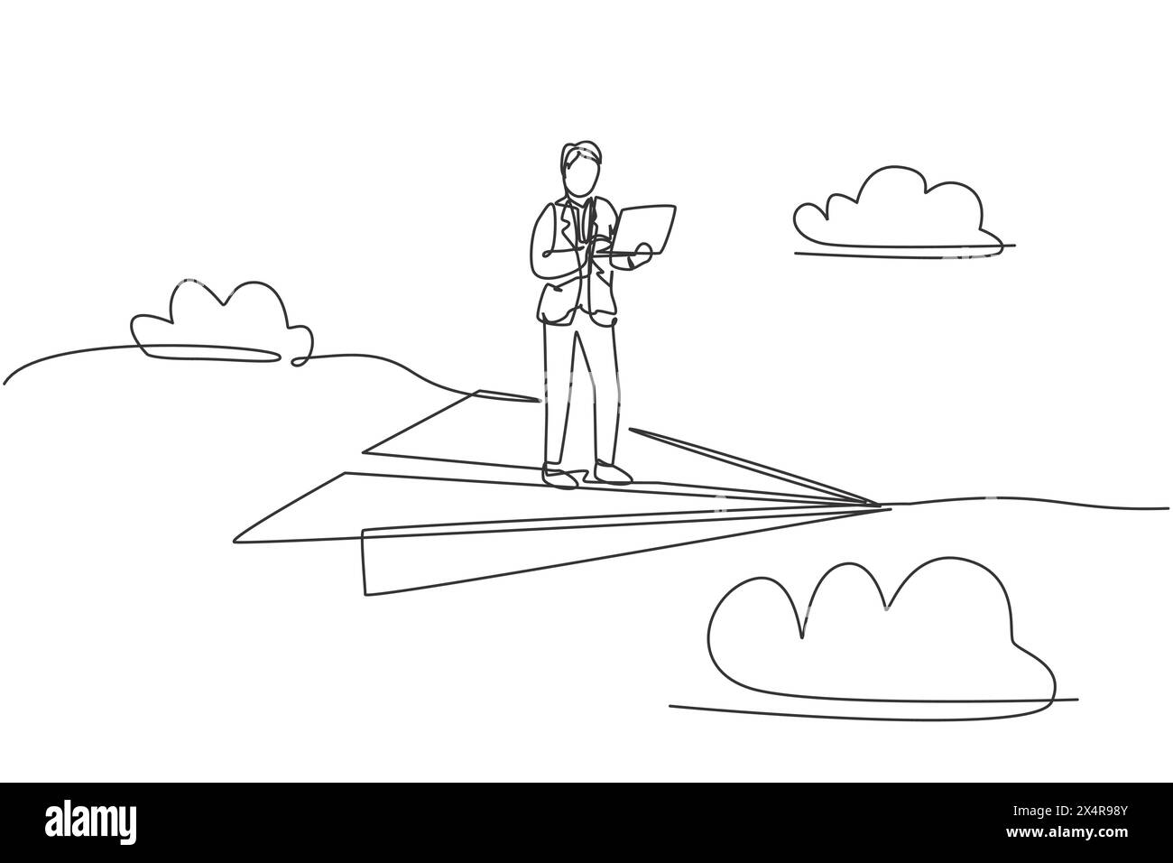 Single one line drawing of young smart business man holding laptop and ...
