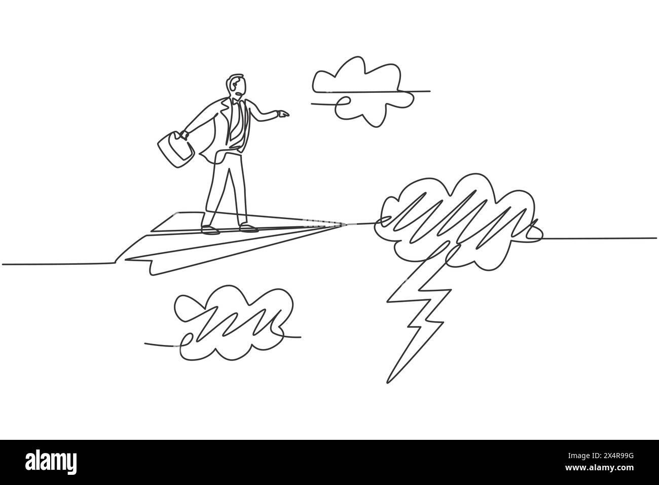 Continuous one line drawing young male worker flying with paper ...