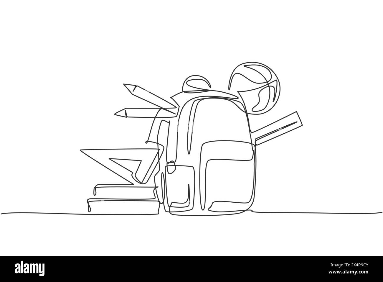 Single one line drawing of school bag, basket ball, ruler, pencil and ...