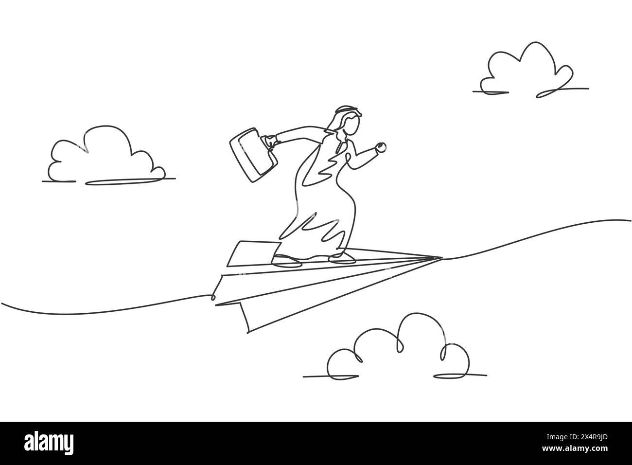 Single one line drawing young Arab business man flying on paper plane ...