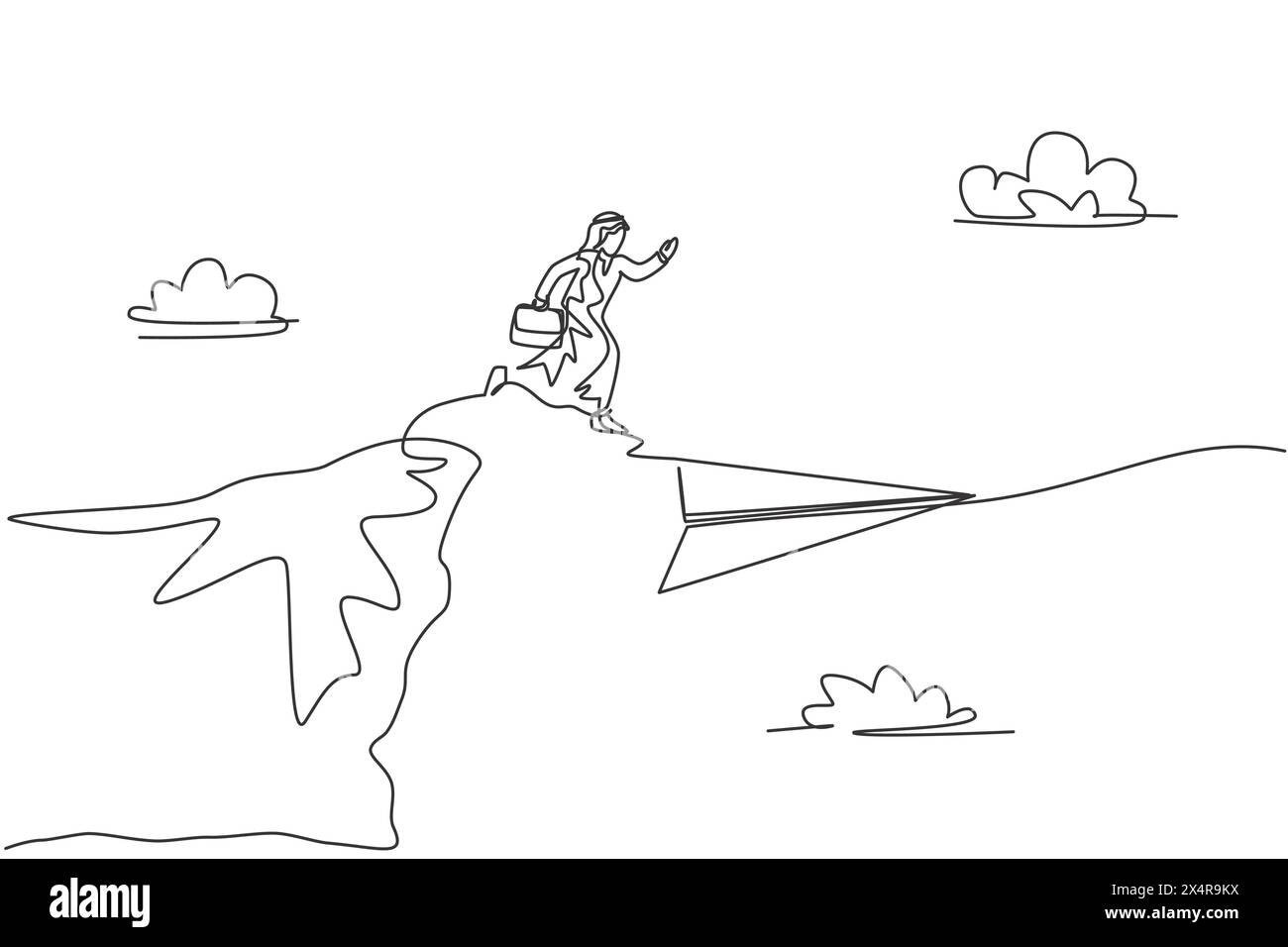 Single continuous line drawing young Arabian business man jumping from ...