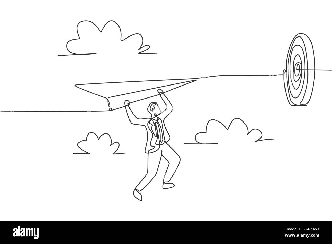 Single continuous line drawing young business man hanging on flying ...