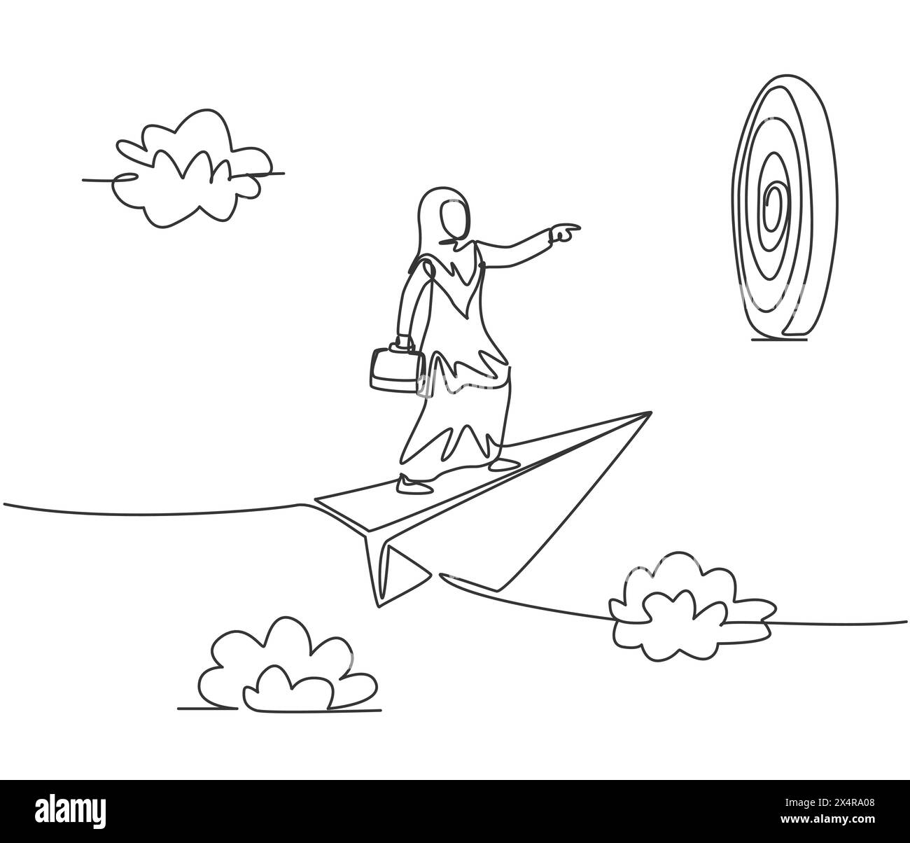 Continuous one line drawing young Arab female worker on flying paper ...