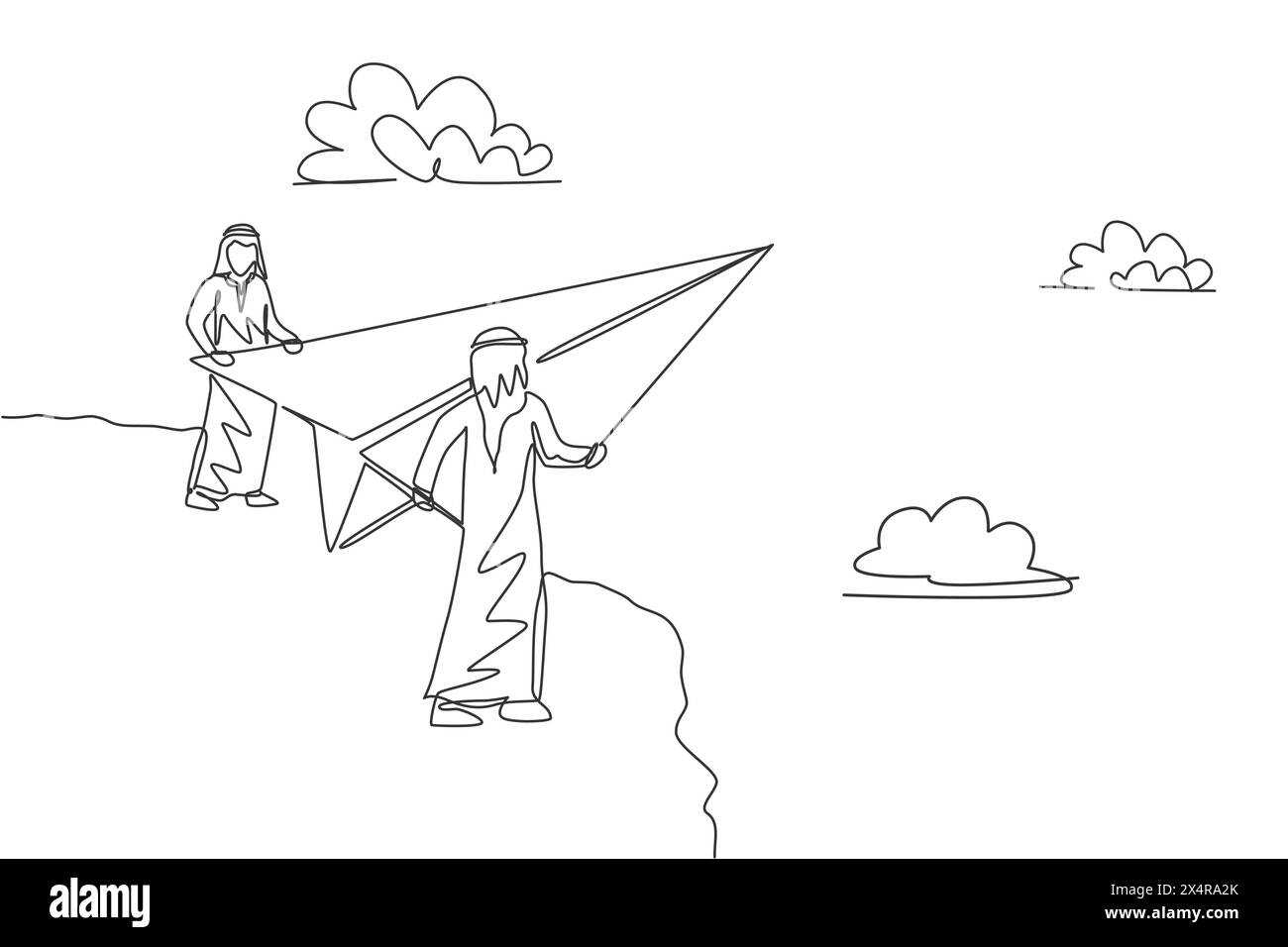 Continuous one line drawing two young Arab male workers fly paper plane ...