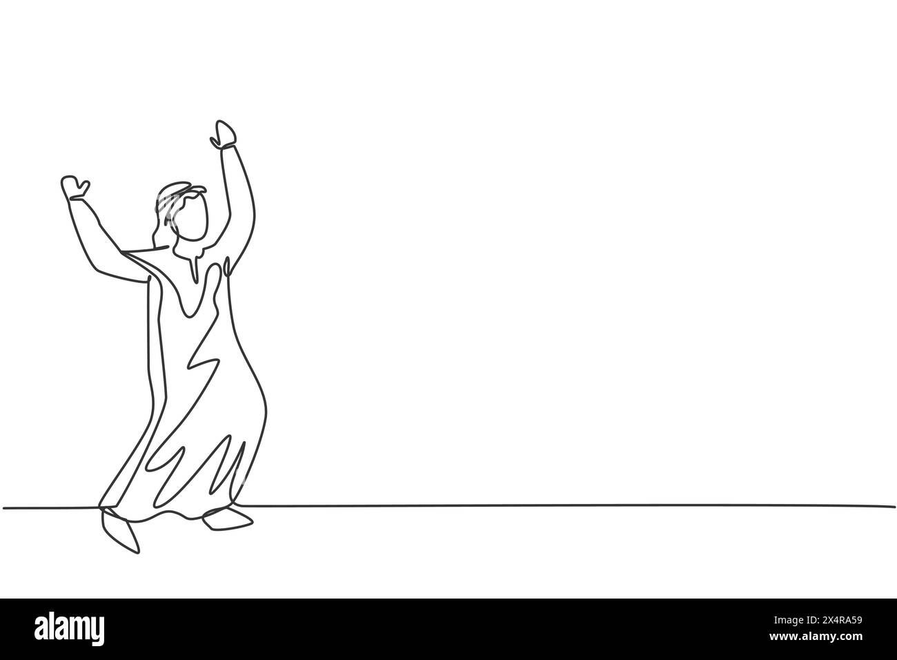Single continuous line drawing young happy Arab business man celebrate ...