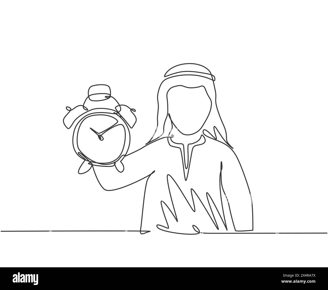 Single continuous line drawing young Arab business man holding analog ...