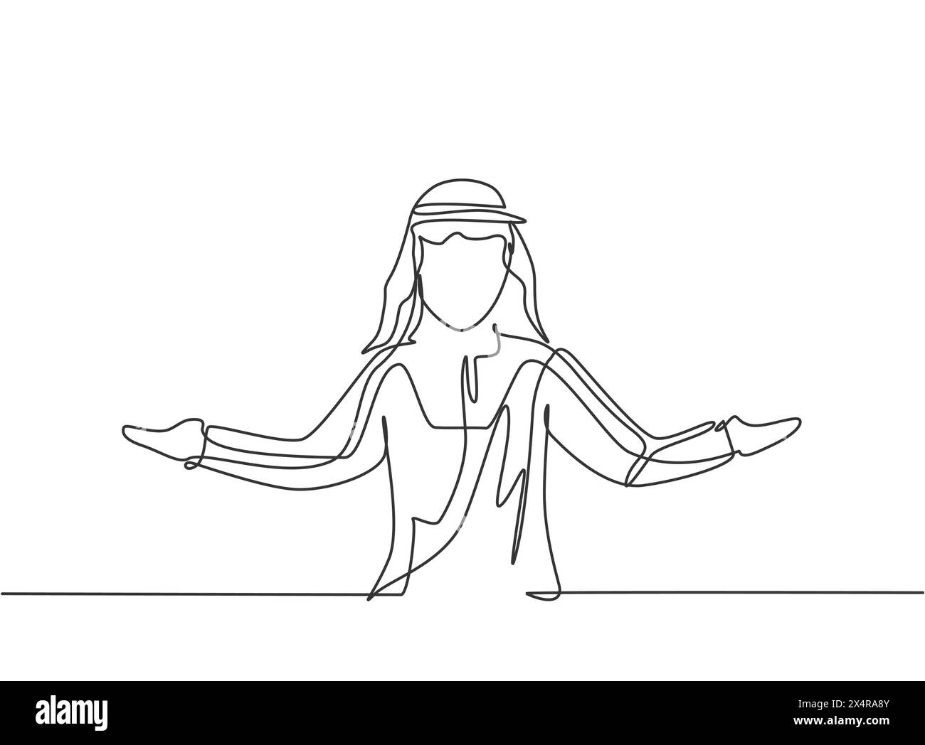 Continuous one line drawing young Arab male worker stretched out his ...