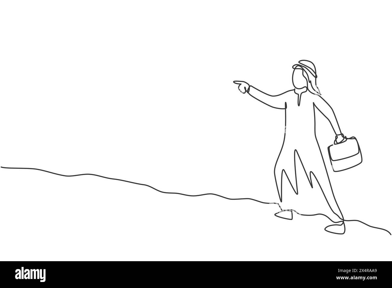 Continuous one line drawing young Arab male worker walking and pointing ...