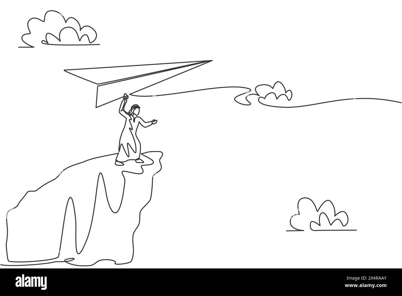 Single continuous line drawing young Arab business man fly paper plane ...