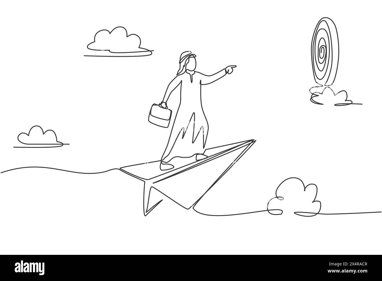 Continuous one line drawing young Arab male worker flying with paper ...