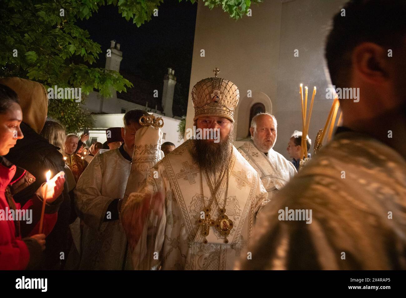 London, UK. 5th May 2024. Worshippers have come together for a midnight service at the Russian Orthodox Cathedral of the Nativity of the Most Holy Mother of God and the Holy Royal Martyrs in West London to celebrate the rising of Christ. Credit: Kiki Streitberger/Alamy Live News Stock Photo