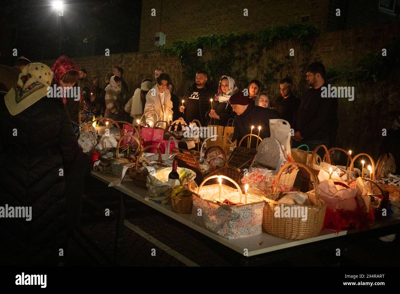 London, UK. 5th May 2024. Worshippers have brought food to blessed at the midnight service at the Russian Orthodox Cathedral of the Nativity of the Most Holy Mother of God and the Holy Royal Martyrs in West London. Credit: Kiki Streitberger/Alamy Live News Stock Photo