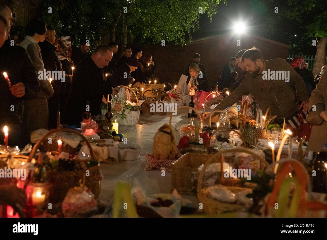 London, UK. 5th May 2024. Worshippers have brought food to blessed at the midnight service at the Russian Orthodox Cathedral of the Nativity of the Most Holy Mother of God and the Holy Royal Martyrs in West London. Credit: Kiki Streitberger/Alamy Live News Stock Photo