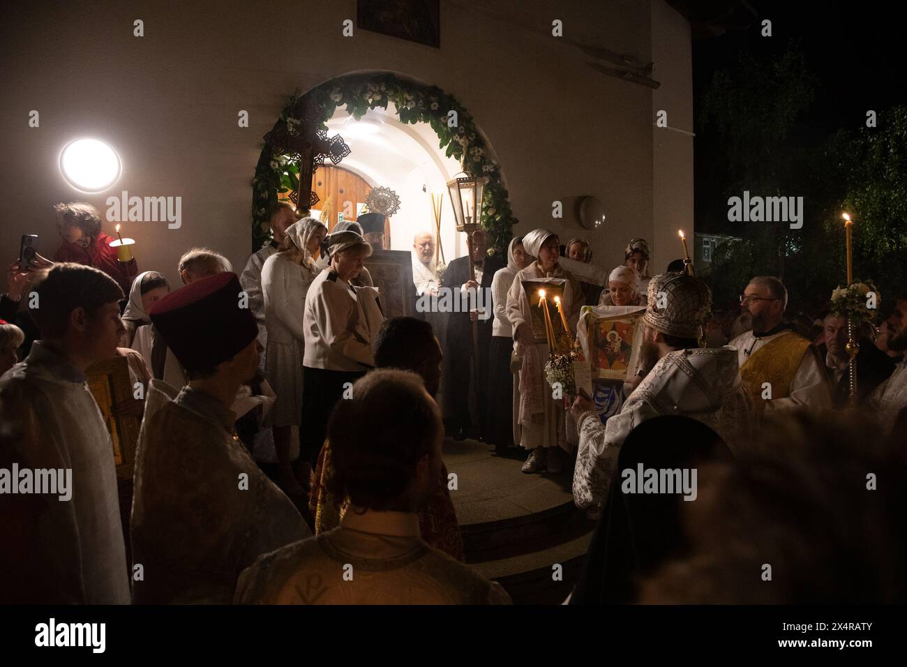 London, UK. 5th May 2024. Bishop Irenei blesses worshippers at the Easter midnight service at the Russian Orthodox Cathedral of the Nativity of the Most Holy Mother of God and the Holy Royal Martyrs in West London. Credit: Kiki Streitberger/Alamy Live News Stock Photo
