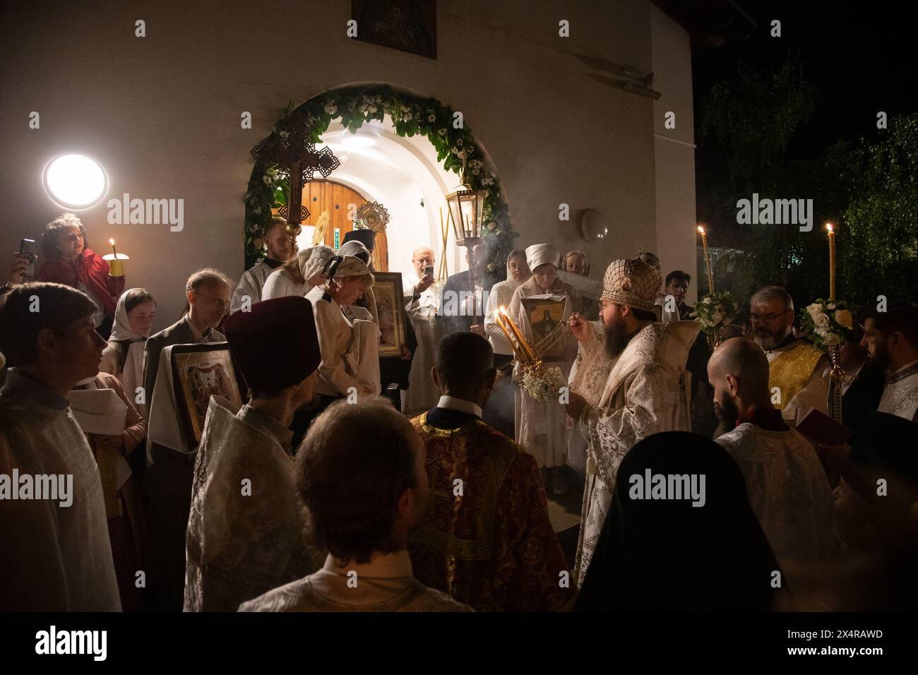 London, UK. 5th May 2024. Bishop Irenei blesses worshippers at the Easter midnight service at the Russian Orthodox Cathedral of the Nativity of the Most Holy Mother of God and the Holy Royal Martyrs in West London. Credit: Kiki Streitberger/Alamy Live News Stock Photo